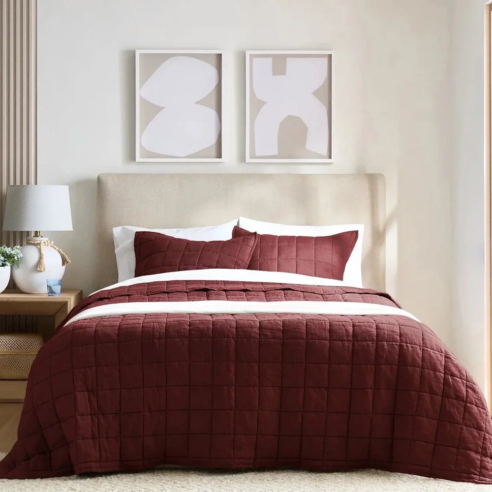 Quince European Linen Box Stitch Quilt Bedding Burgundy Size Full Queen NEW